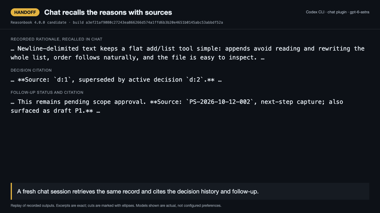 The chat plugin explains the saved rationale and pending follow-up.